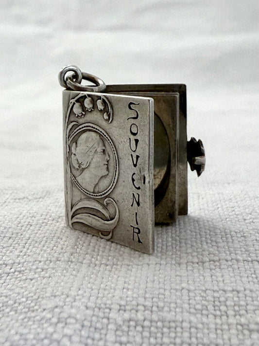 .925 1900s Art Nouveau French silver souvenir book form photo locket antique collectors Belle Epoque booklet pendant