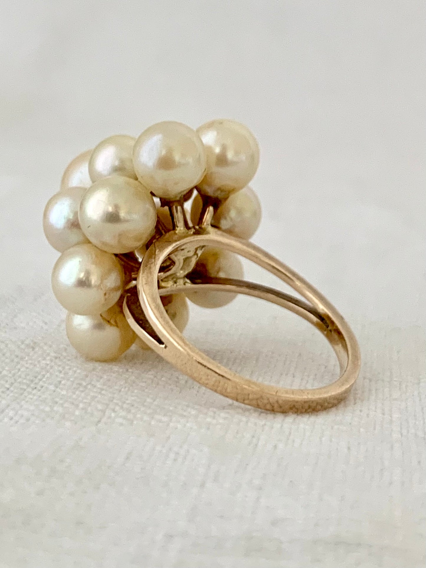 .14 pearls .1950s .1960s 9ct gold pearl floral stack magnificent and glorious modernist cocktail gold dress ring