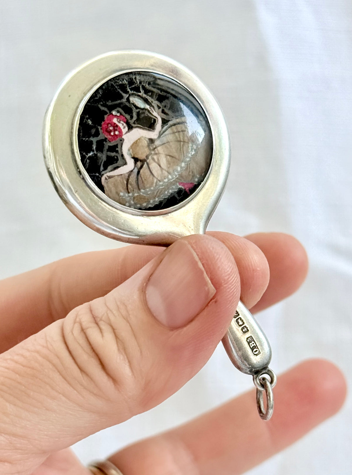 .1925 .925 antique Art Deco sterling silver mini chatelaine mirror hand painted butterfly wing miniature art micro chatelaine silver mirror pendant