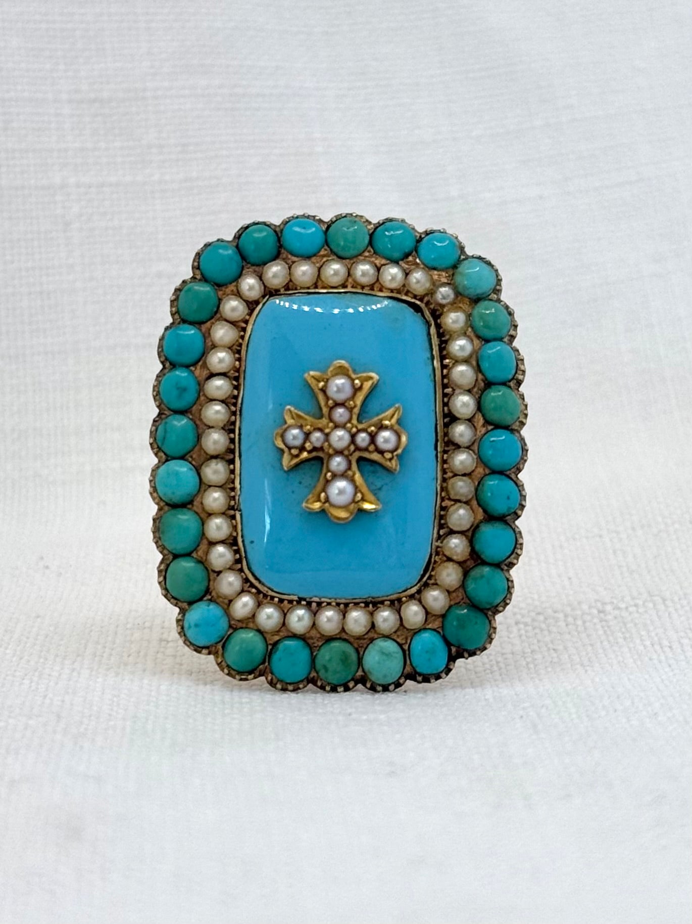 .15ct .1800s antique late Georgian early Victorian rare and magnificent Turquoise Pearl enamel high carat gold Maltese cross brooch pin