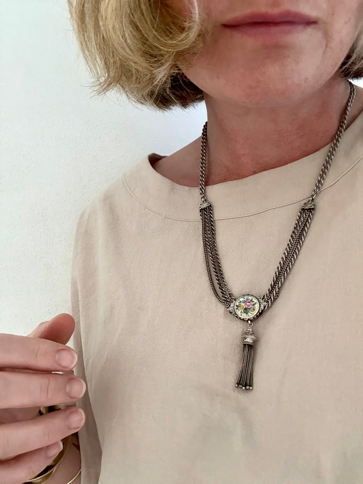 .1860s .1890s .925 antique Belle Epoque rare and fancy enamel slider Albertina multi chain necklace