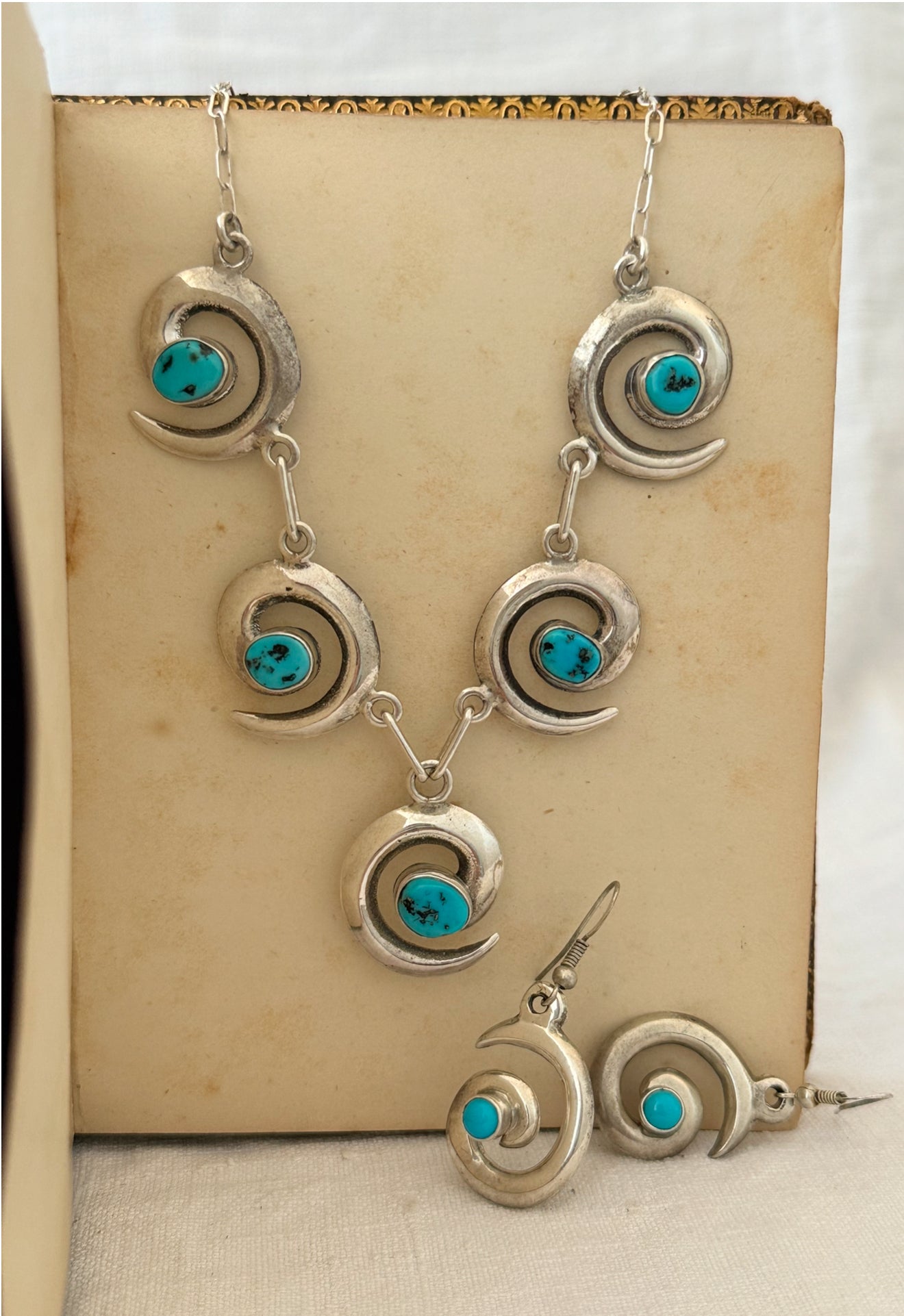 .1970s .925 artisan made designer Navajo silversmith turquoise silver swirl pattern necklace and designer Mildred Parkhurst earring set