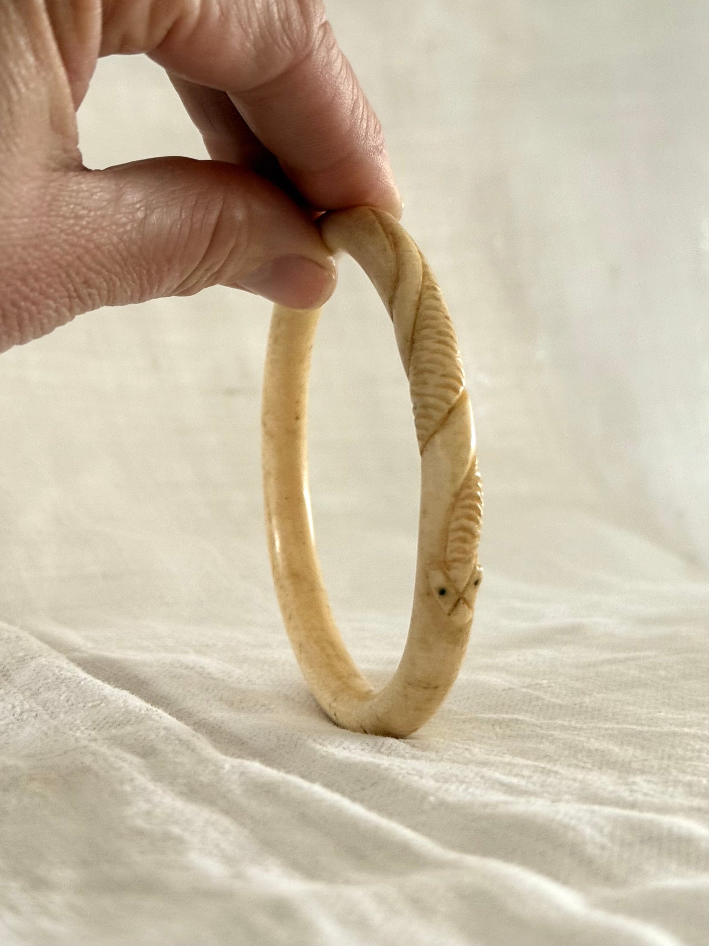 .1900s antique Arts & Crafts snake detailed hand carved pre ban ivory bone Victorian ivory stack bangle