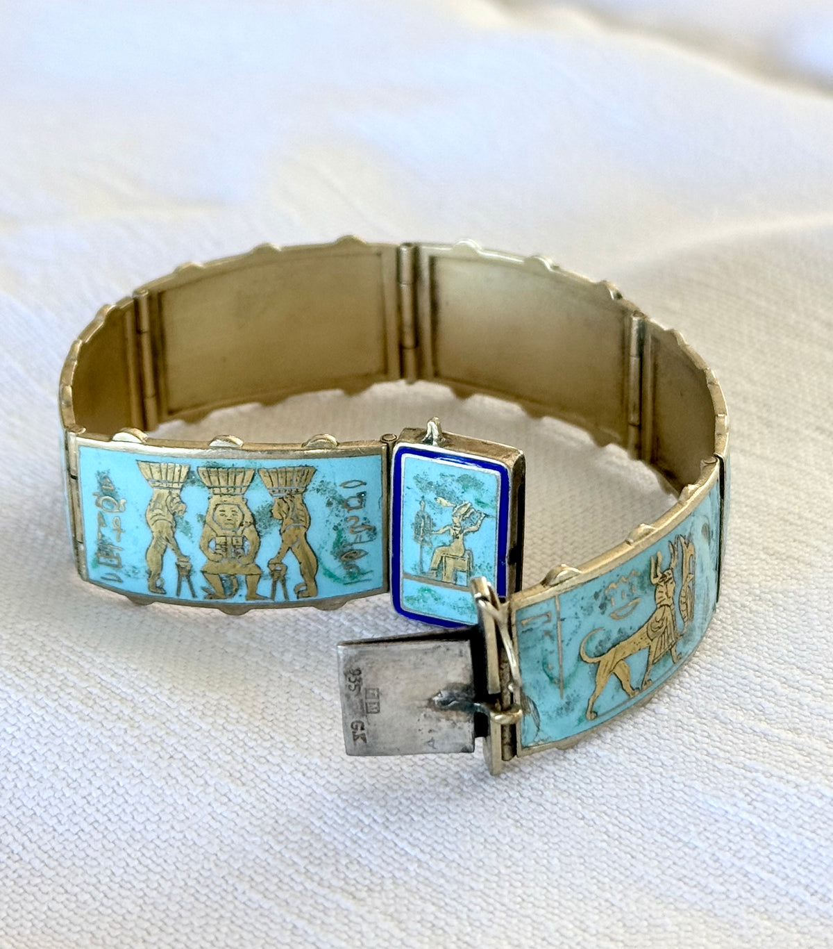 .1920s .935 Egyptian silver rare desired Egyptian revival gold gilded turquoise enamel 6 panel pictorial Pharaoh Egyptology enamel silver gold bracelet