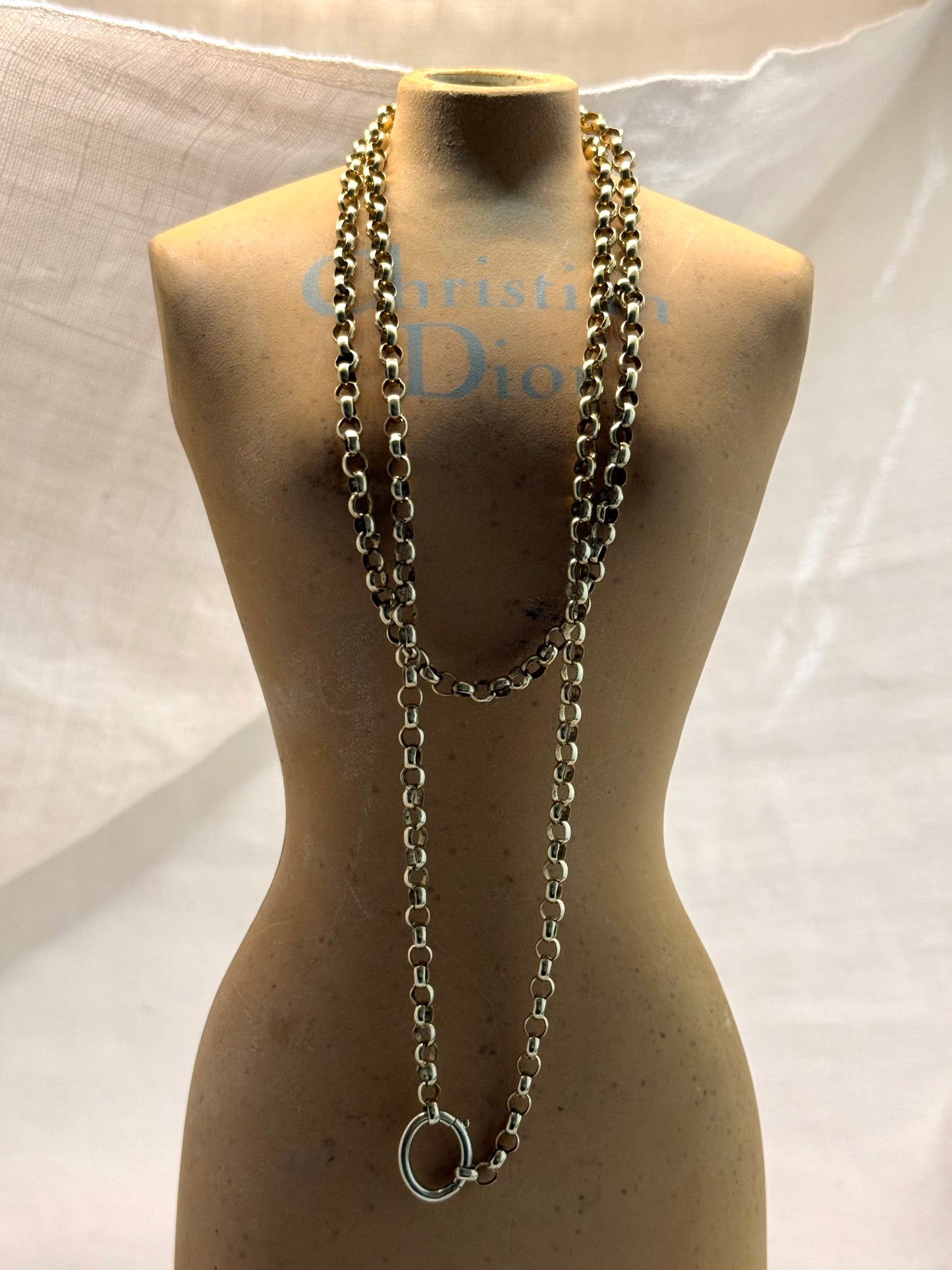 .1990s .375 .71cm long .9 carat classic long modernist gold large link belcher rolo long length belcher chain necklace with oval extender clasp