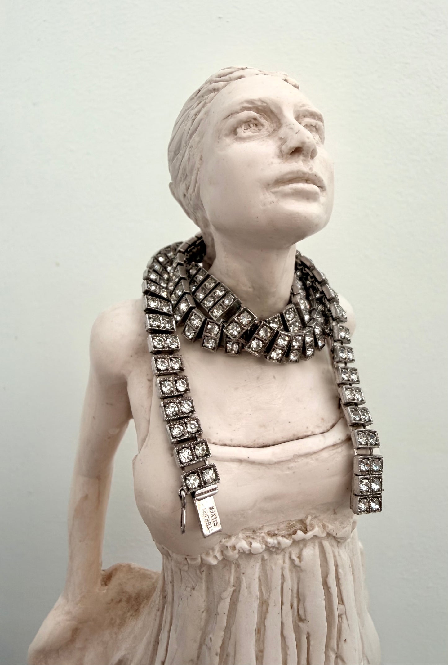 .1930s .1940s .925 Art Deco style double paste stone tennis style sterling silver choker necklace