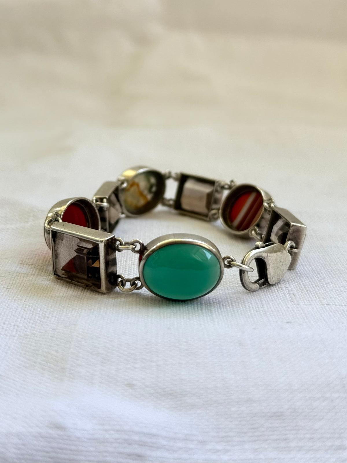 .1990s .2000s .8 stone .925 silver chunky statement artisan made Modernist gemstone links segment bracelet