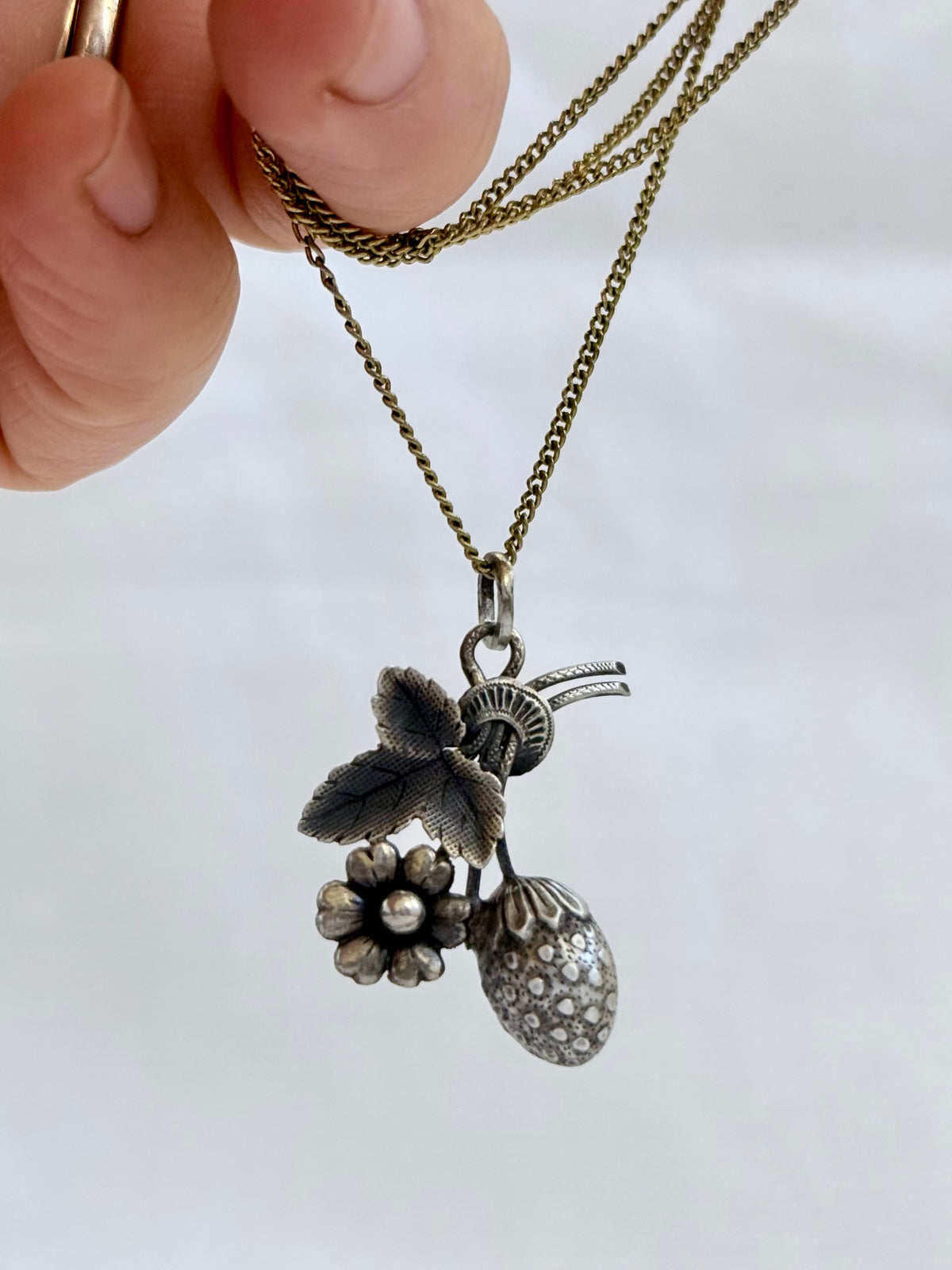 .1900s .1910s Art Nouveau French silver Strawberry and flower pendant and chain necklace