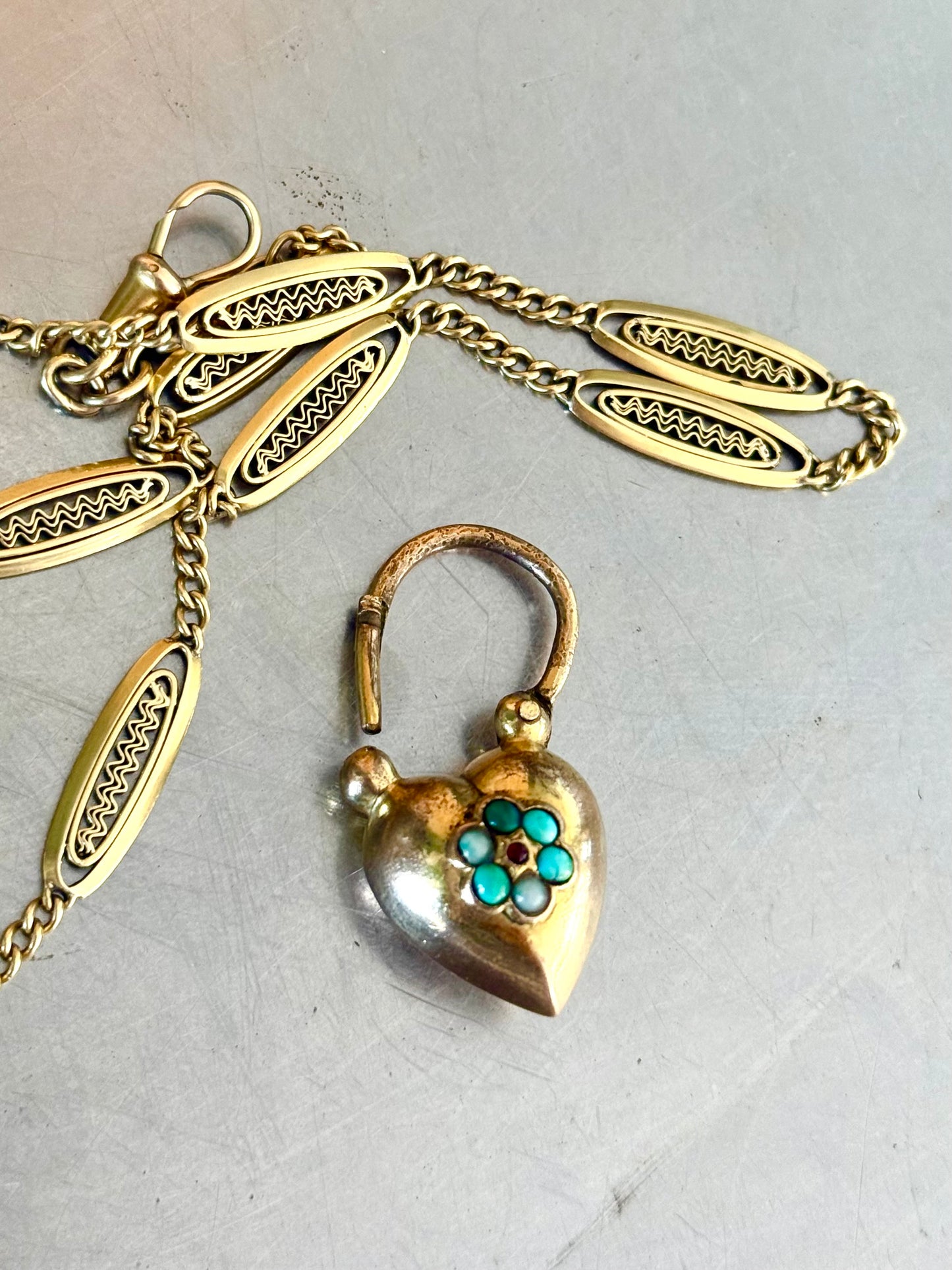 .1800s .1860s antique Georgian to Victorian era collectors heavy Gold fill large puffy heart antique gemstone padlock clasp pendant