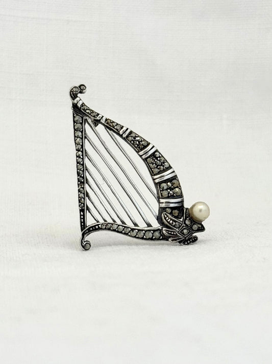 .1920s .1930s .925 marcasite gemstone harp musical instrument antique vintage brooch