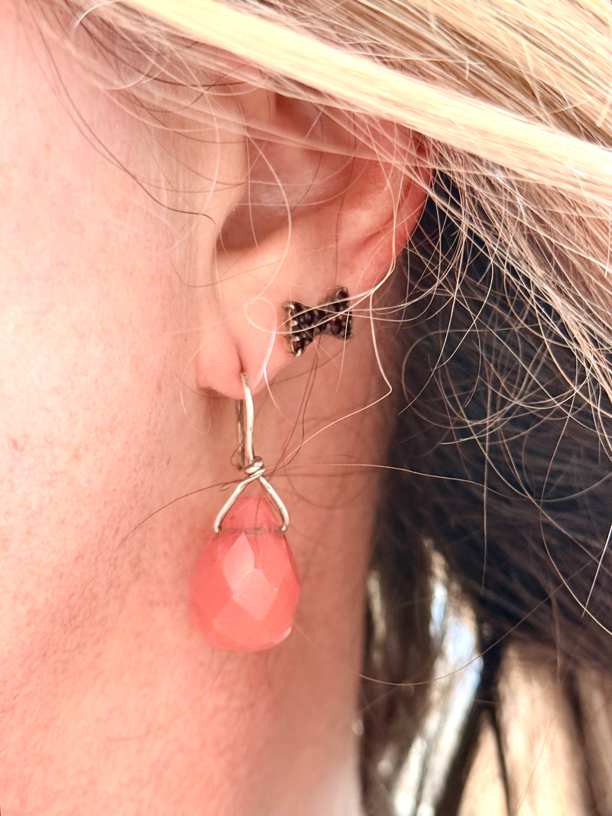 .925 Cherry Quartz gemstone Briolette teardrop silver artisan made boho drop dangle earrings