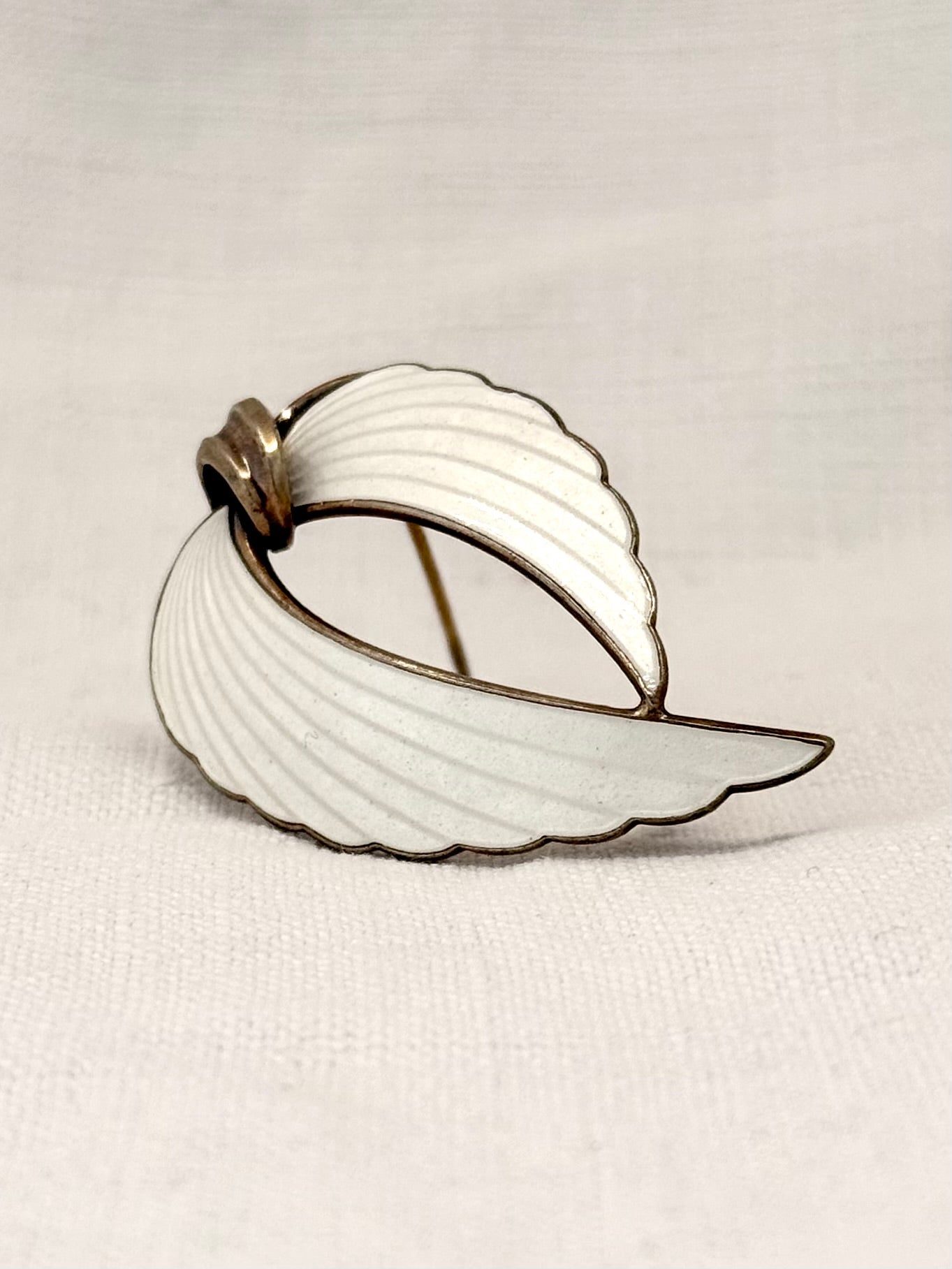 .1940s .925 Albert Scharning Norway silver and ice white guilloche enamel Viking leaf Scandinavian mid century modern designer brooch pin