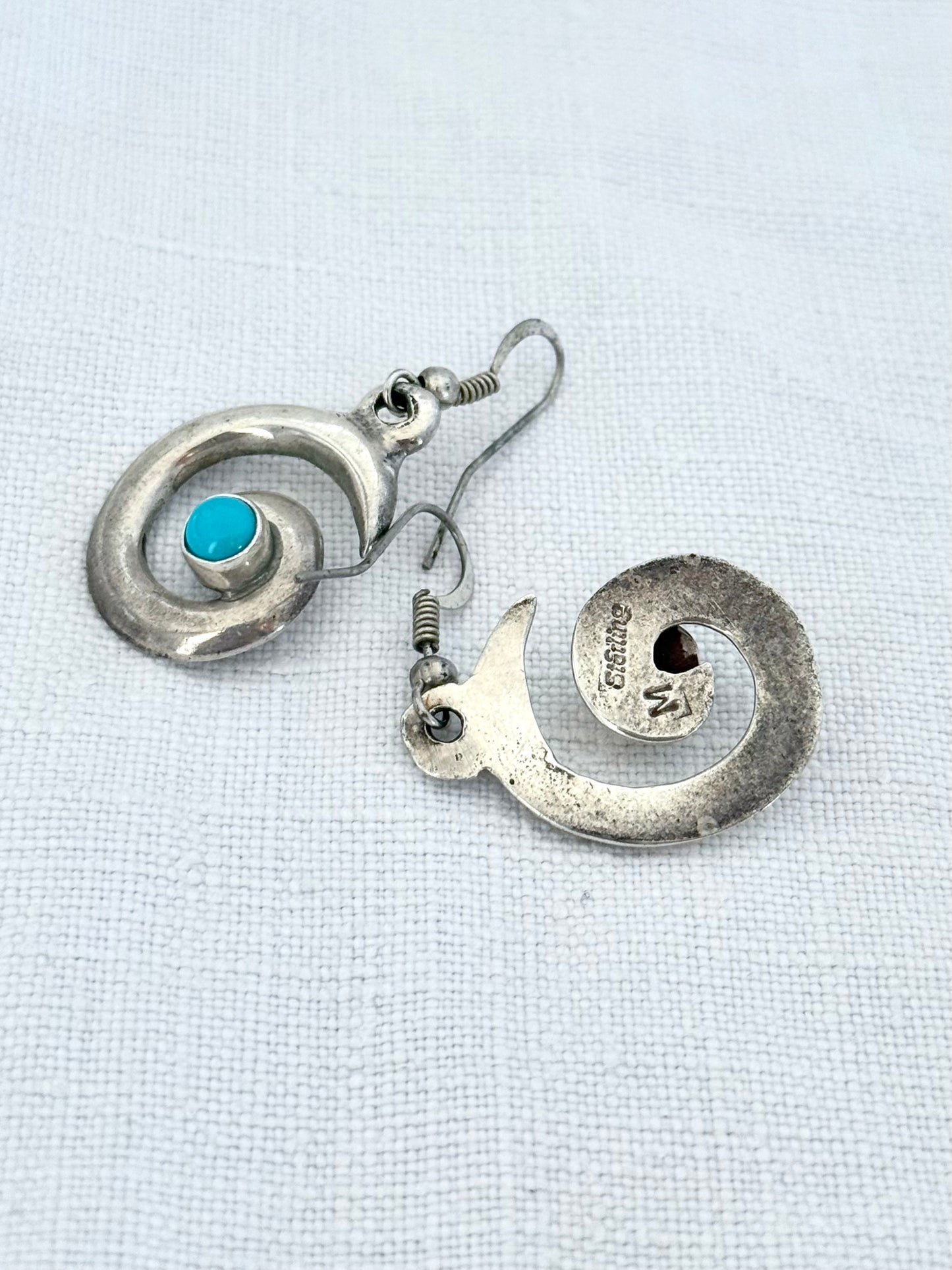 .1970s .925 artisan made Navajo silversmith turquoise silver swirl pattern necklace and designer Mildred Parkhurst earring set