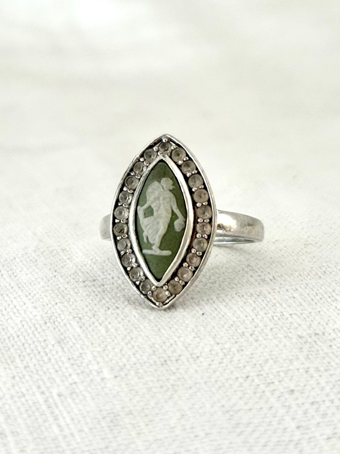 .1970s .925 dancing dame Grecian style moss green Jasperware high relief Wedgwood cameo set into modernist clear gemstone naiveté sterling silver dress ring