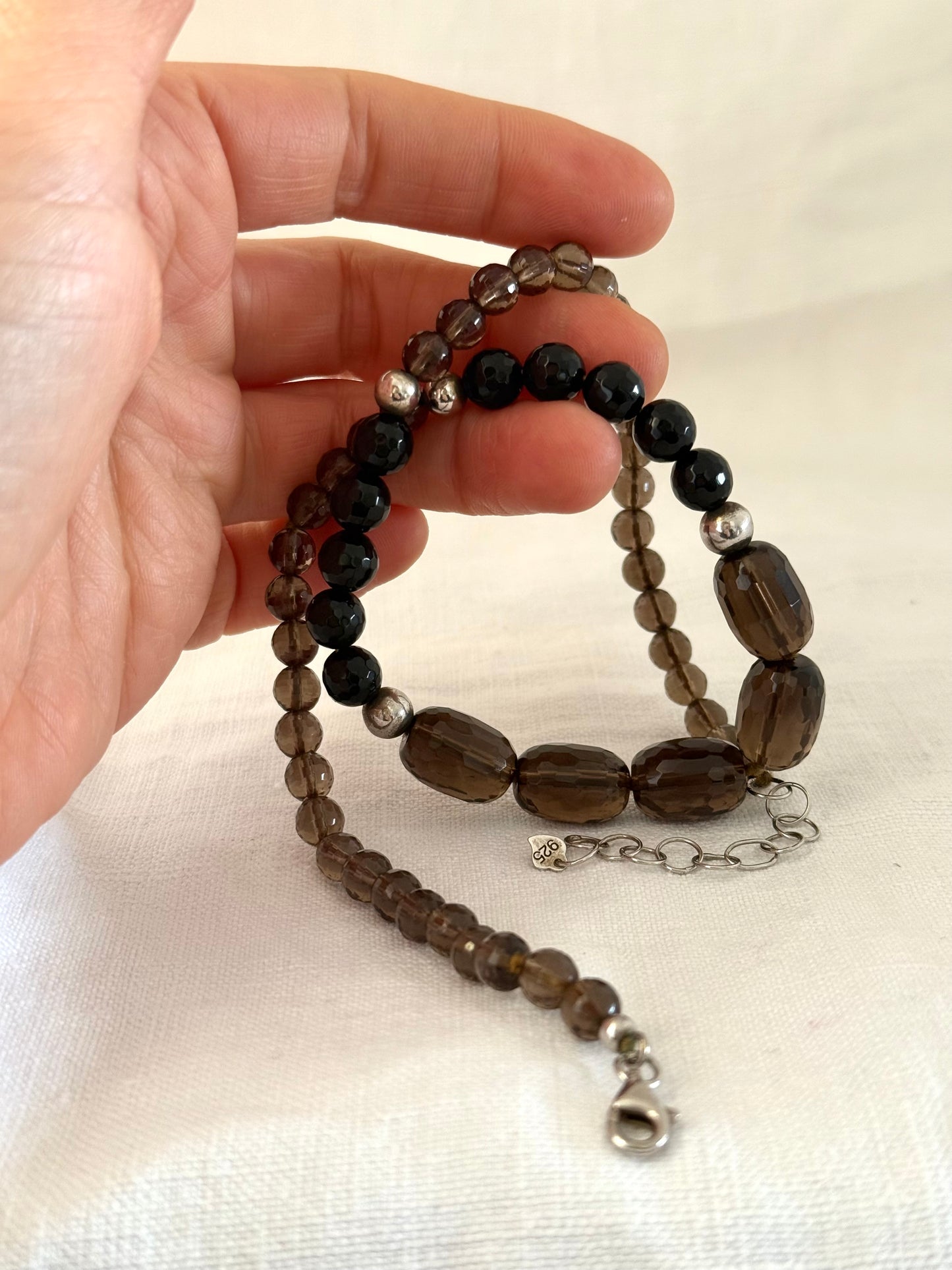.925 Smokey Quartz and Onyx gemstone luxury Birmingham silver hallmarked faceted bead necklace