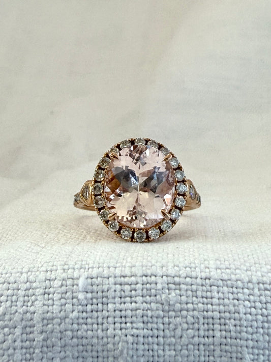 0.85ct 30 Diamond and Browns designer large Oval Pink Morganite gemstone 18ct luxury gold halo ring