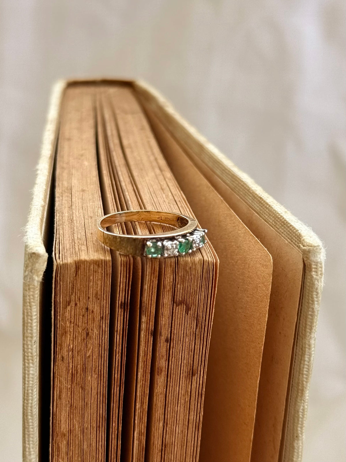 14k .1960s .1970s 3 Emeralds 2 Diamonds 5 precious gemstones high carat modernist brutalist half eternity ring band