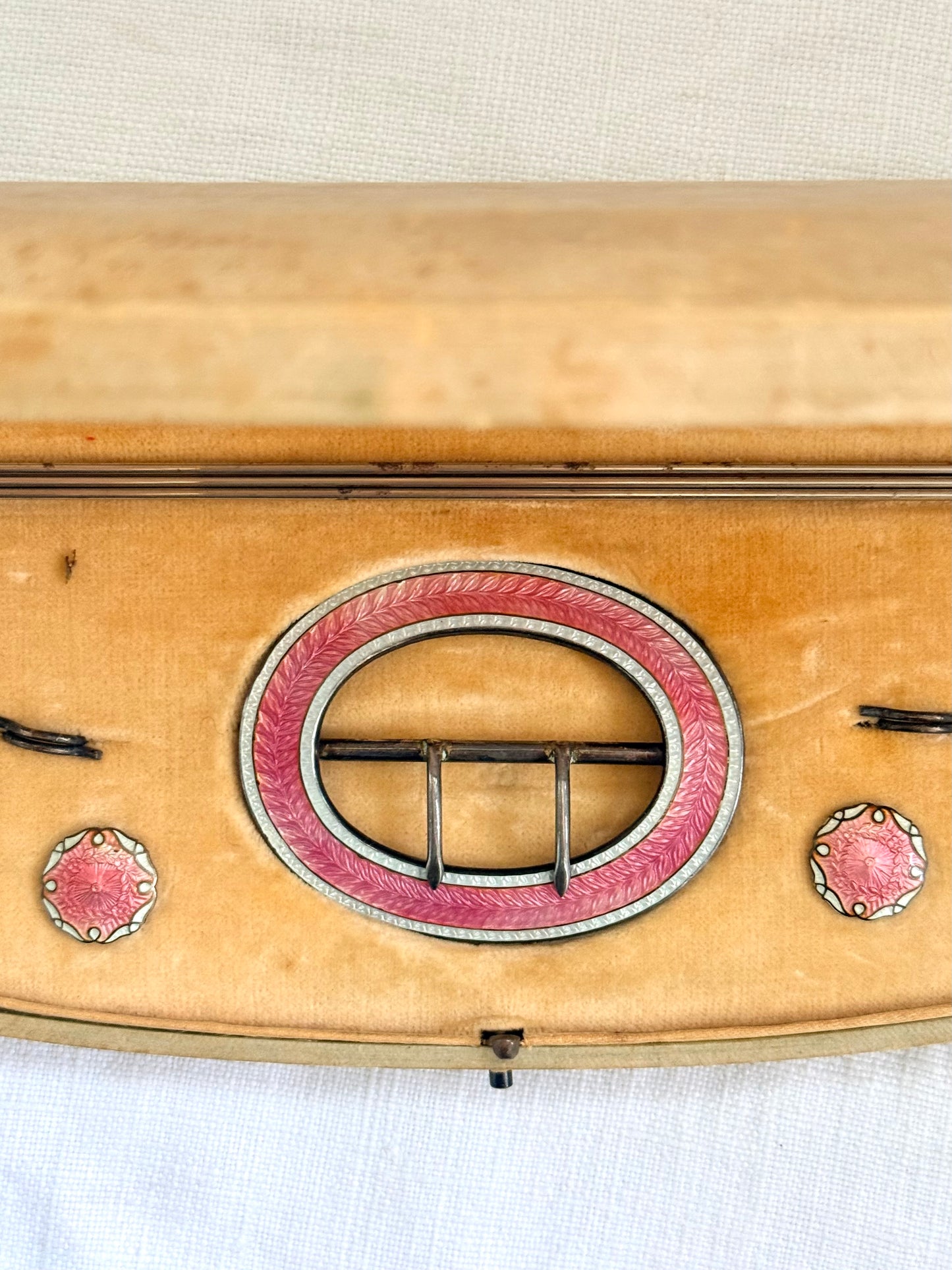 .1912 .925 antique rare collectors pink white enamel Birmingham hallmarked sterling silver Edwardian cased buckle and button and hat pin original boxed set