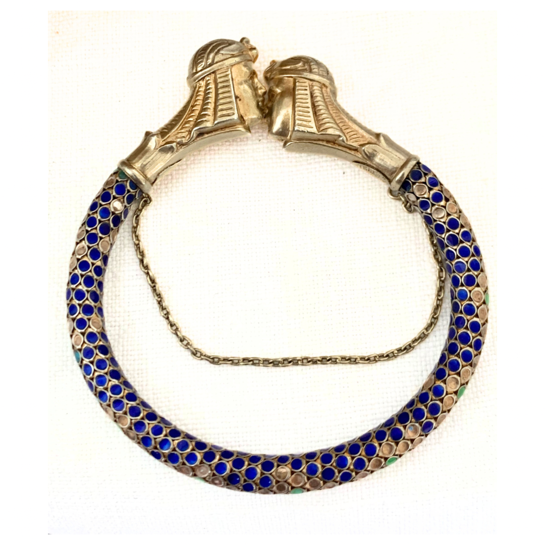 .1920s .935 antique Art Deco rare find Egyptian revival French silver enamel articulated Pharaoh figural heirloom treasure art bangle