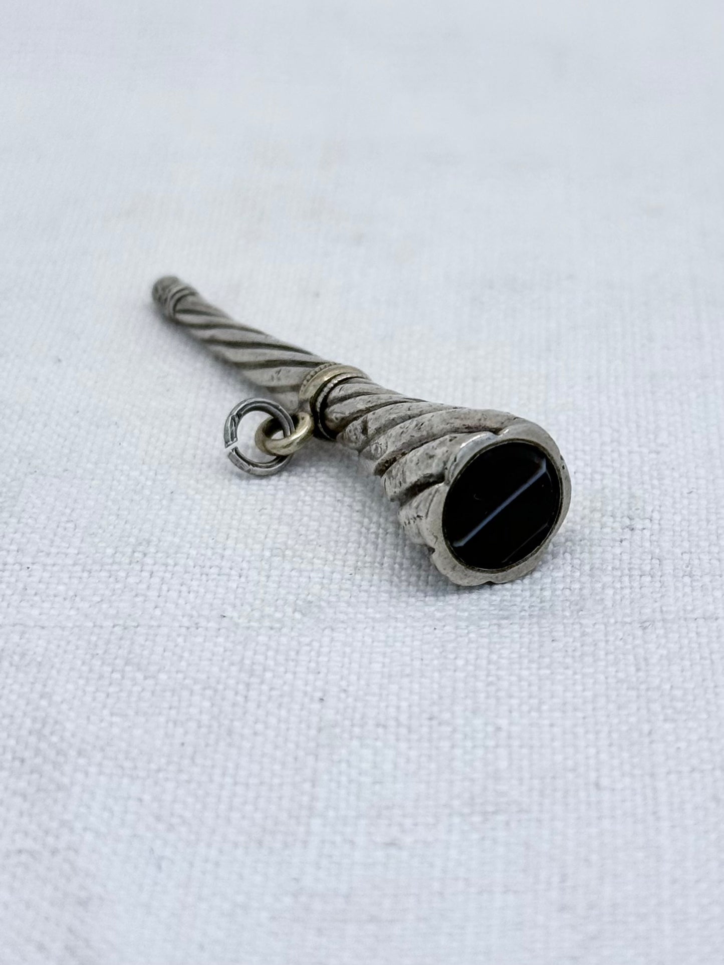 .1880s .1890s antique banded agate silver watch winder key Trumpet Shape horn of plenty Cornucopia pendant with banded Black Agate Gemstone accent