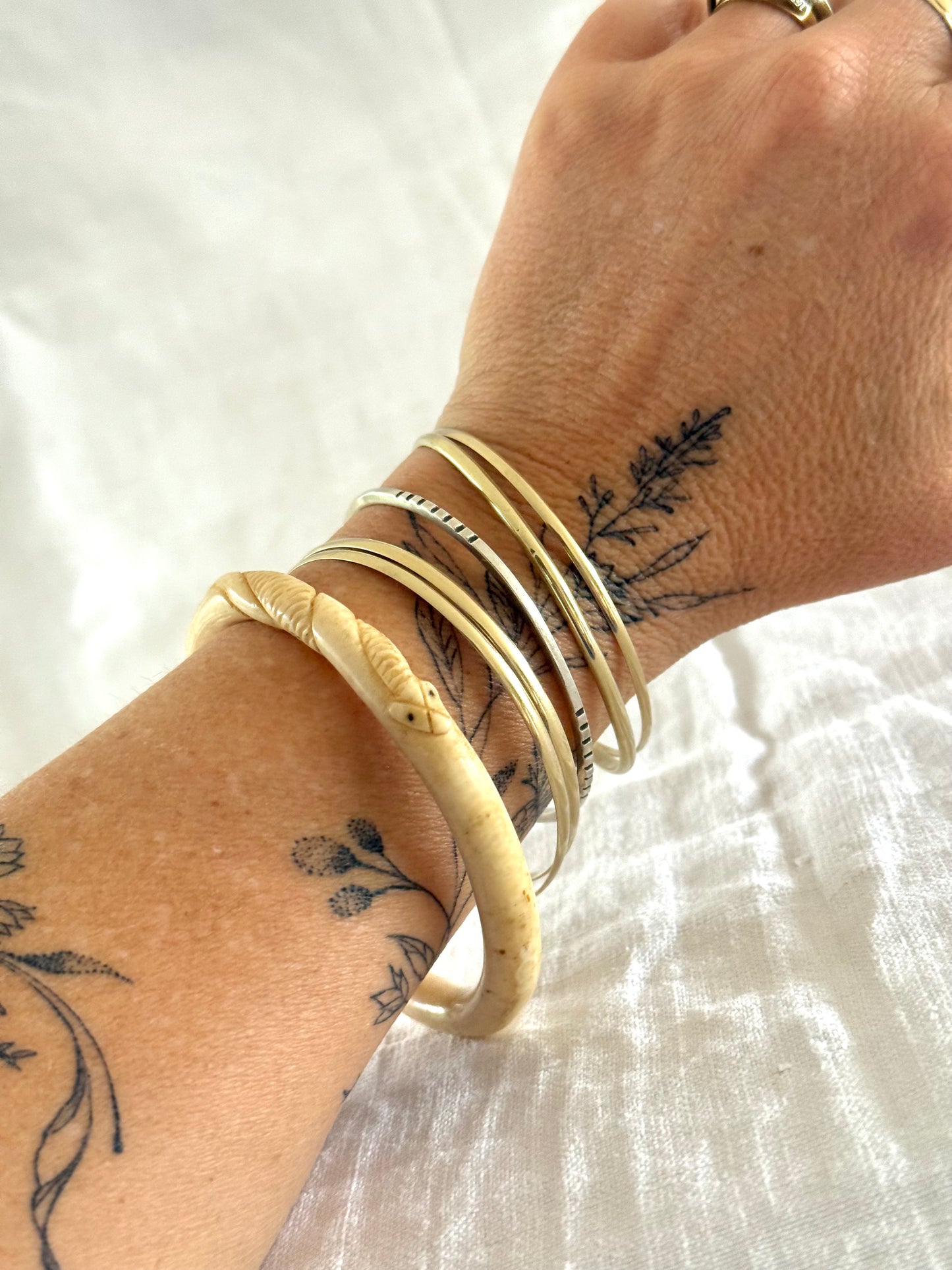 .1900s antique Arts & Crafts snake detailed hand carved pre ban ivory bone Victorian ivory stack bangle
