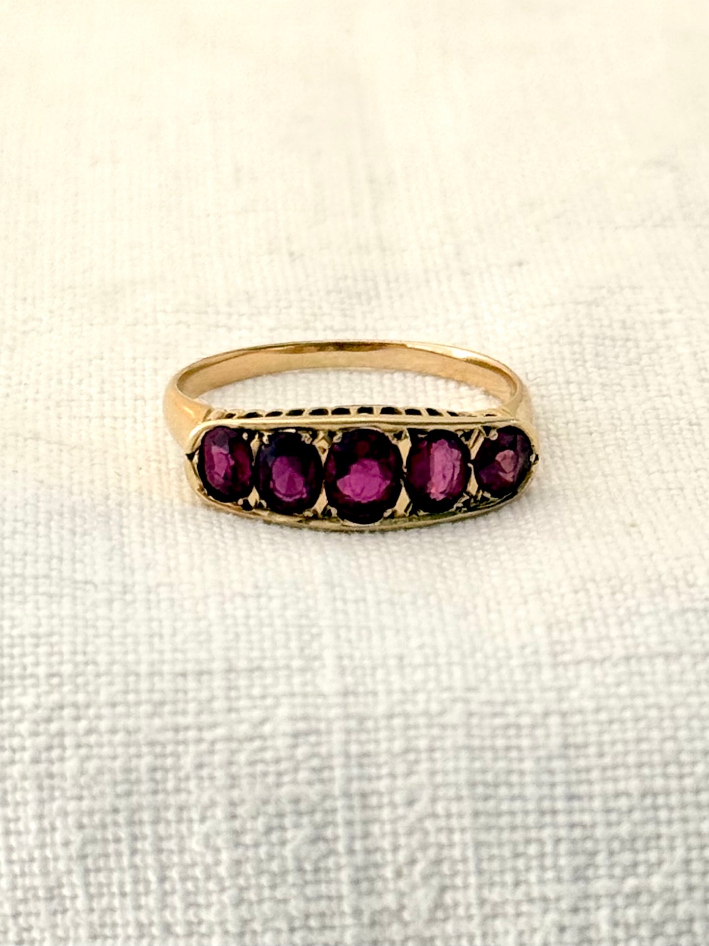 .14ct .1900s .1910s antique heirloom Pink Ruby 5 stone across Edwardian yellow gold half eternity boat ring dress ring