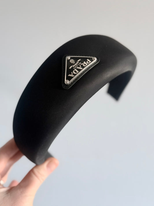 .1990s .2000s designer PRADA black hair accessory Triangle logo RE-NYLON oversized puffy headband
