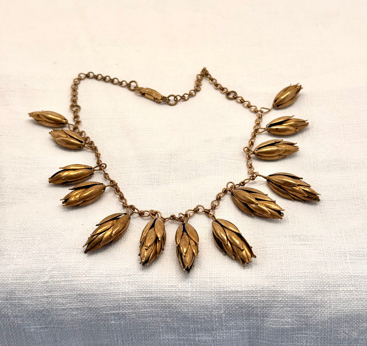 .1940s arts and crafts bronze flower pod seed pod fancy link dangle chocker chain Scandinavian necklace