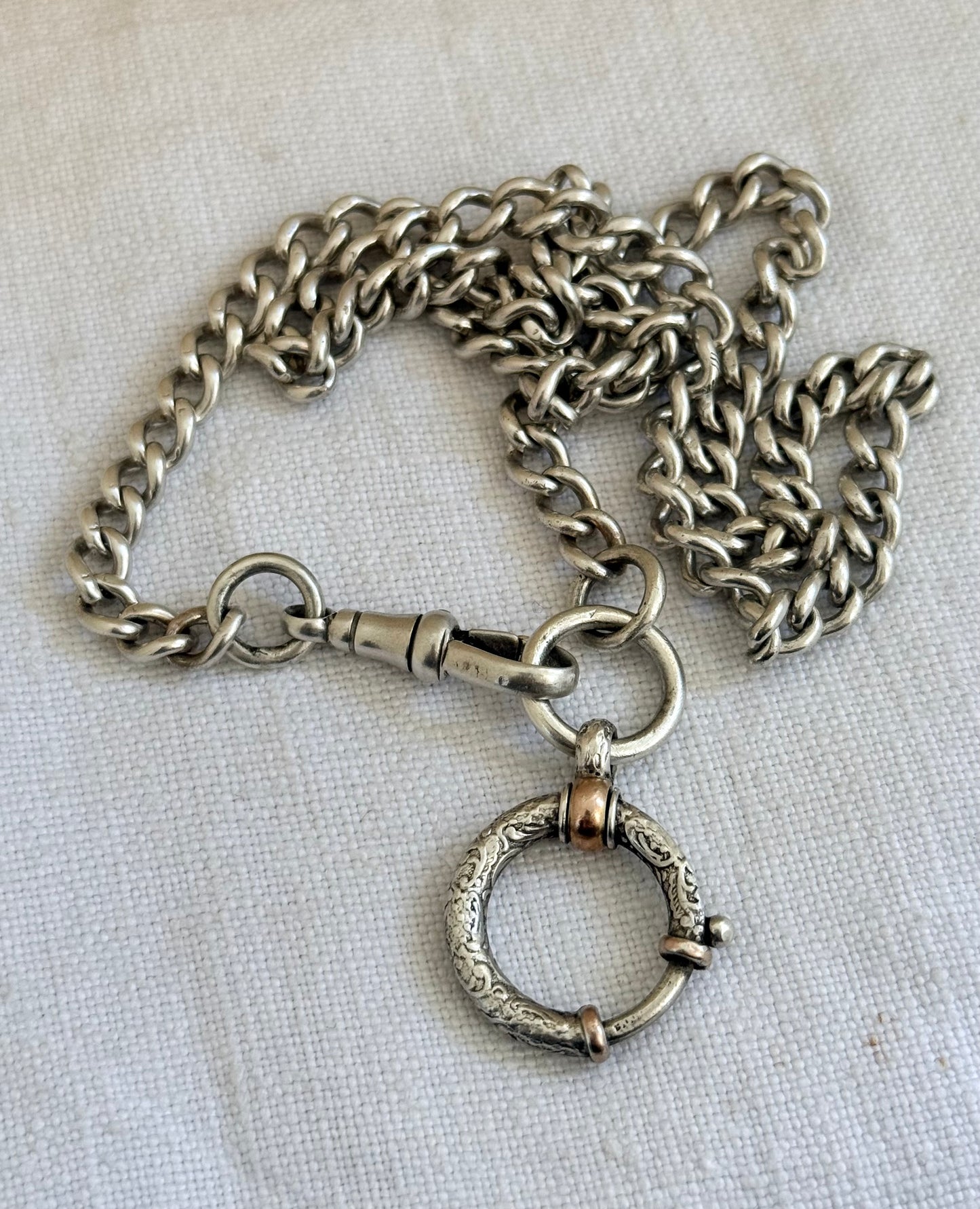 .1900s .1910s .900 .925 silver antique Edwardian solid sterling silver fob chain watch chain curb chain with rare fancy oversized bolt ring spring clasp