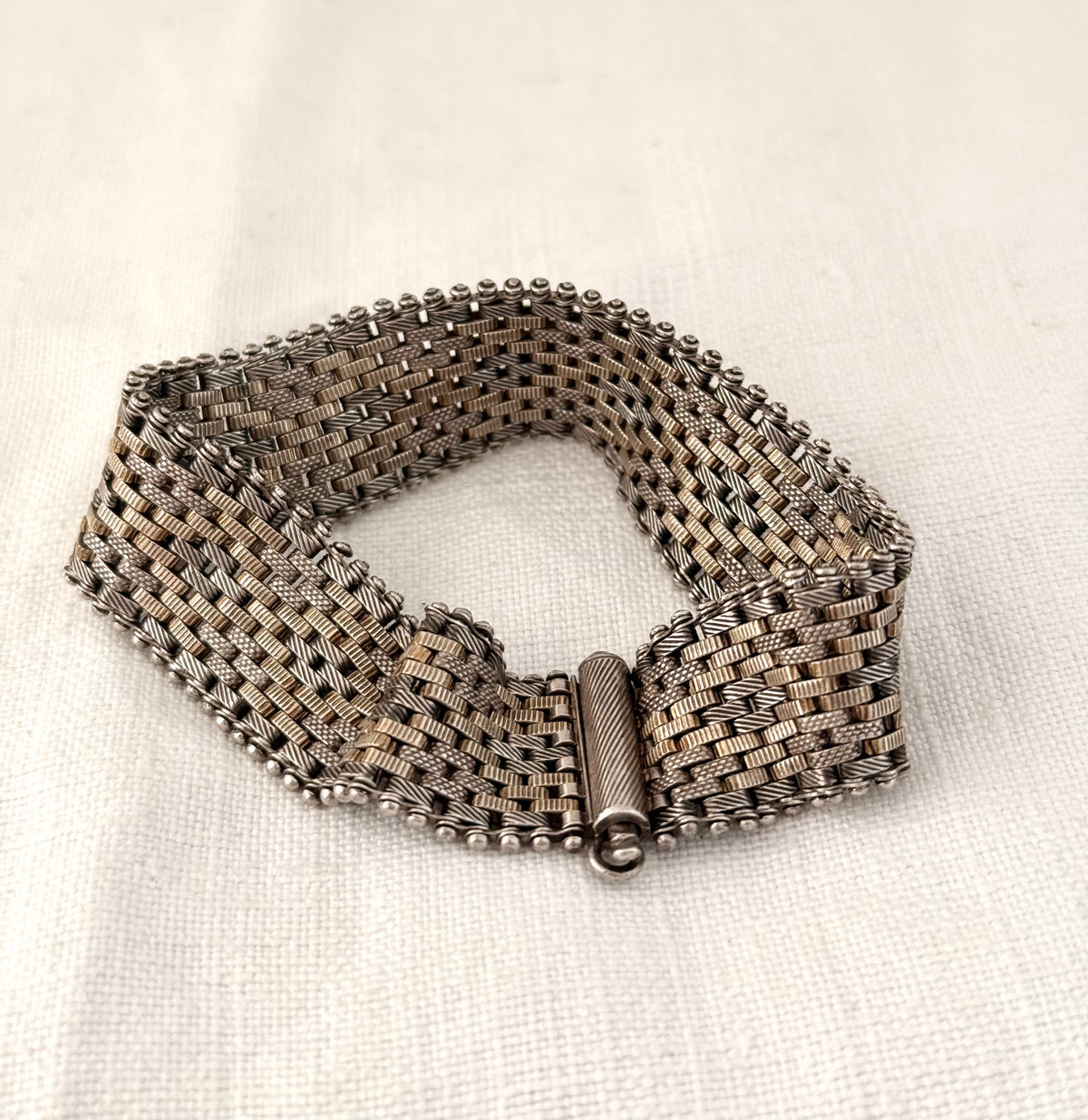 .1890s .1900s .925 antique Victorian fancy form gold fill and silver track mesh bracelet