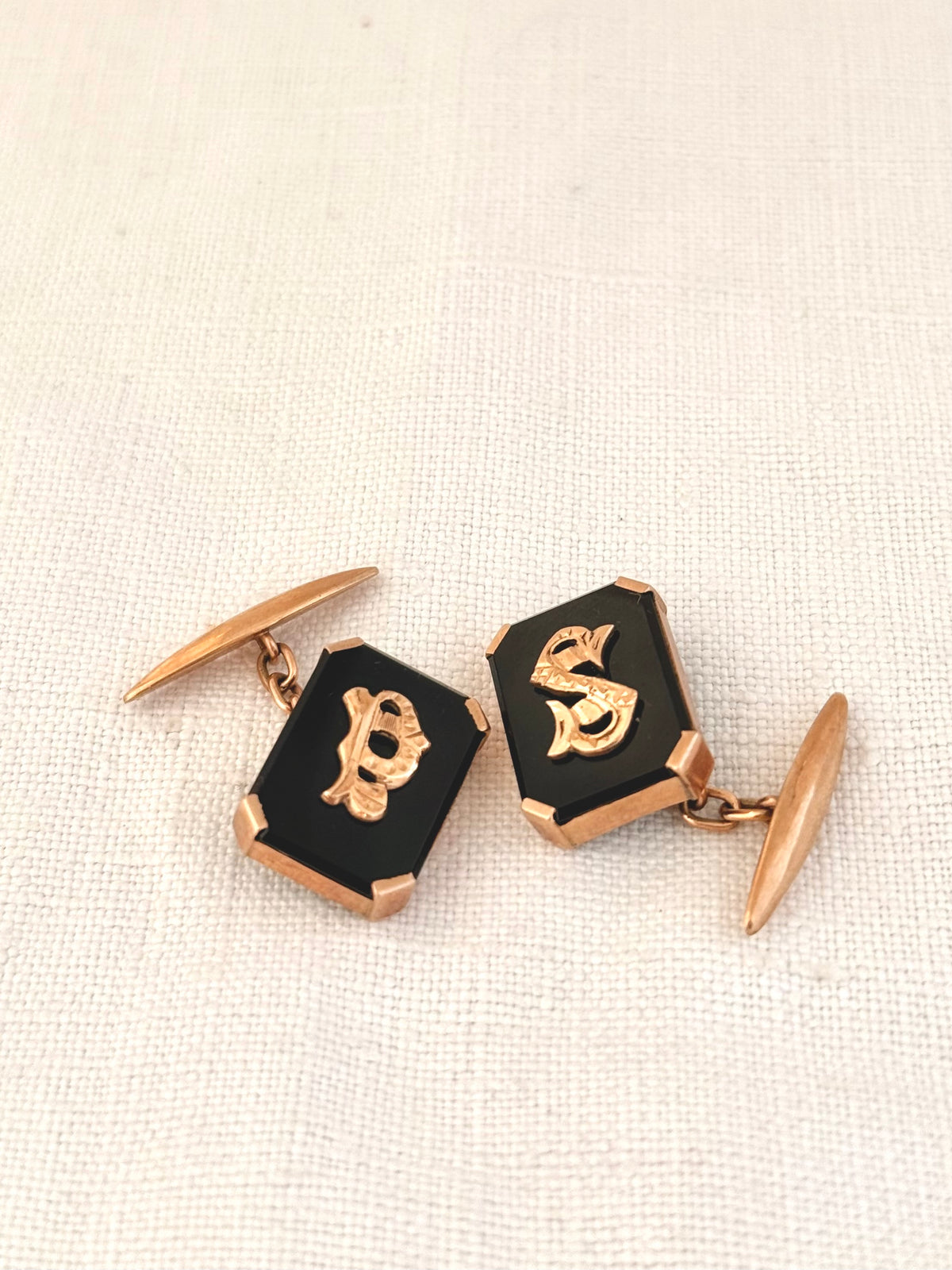 .1900s .1920s .375 .9ct Art Deco Rare antique Rose Gold and Onyx gemstone signet initial S & P cufflinks