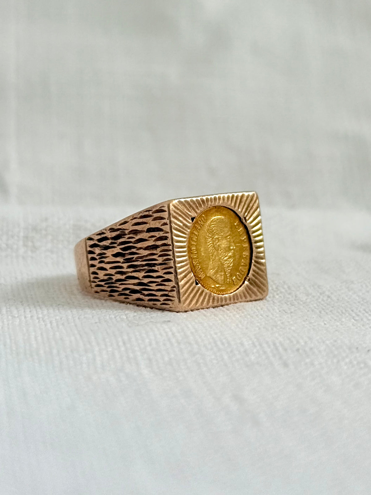 .1960s circa .1865 .375 .9ct gold modernist coin token ring with 22k Mexican circa 1865 high carat gold Emperor Maximiliano collectors coin token