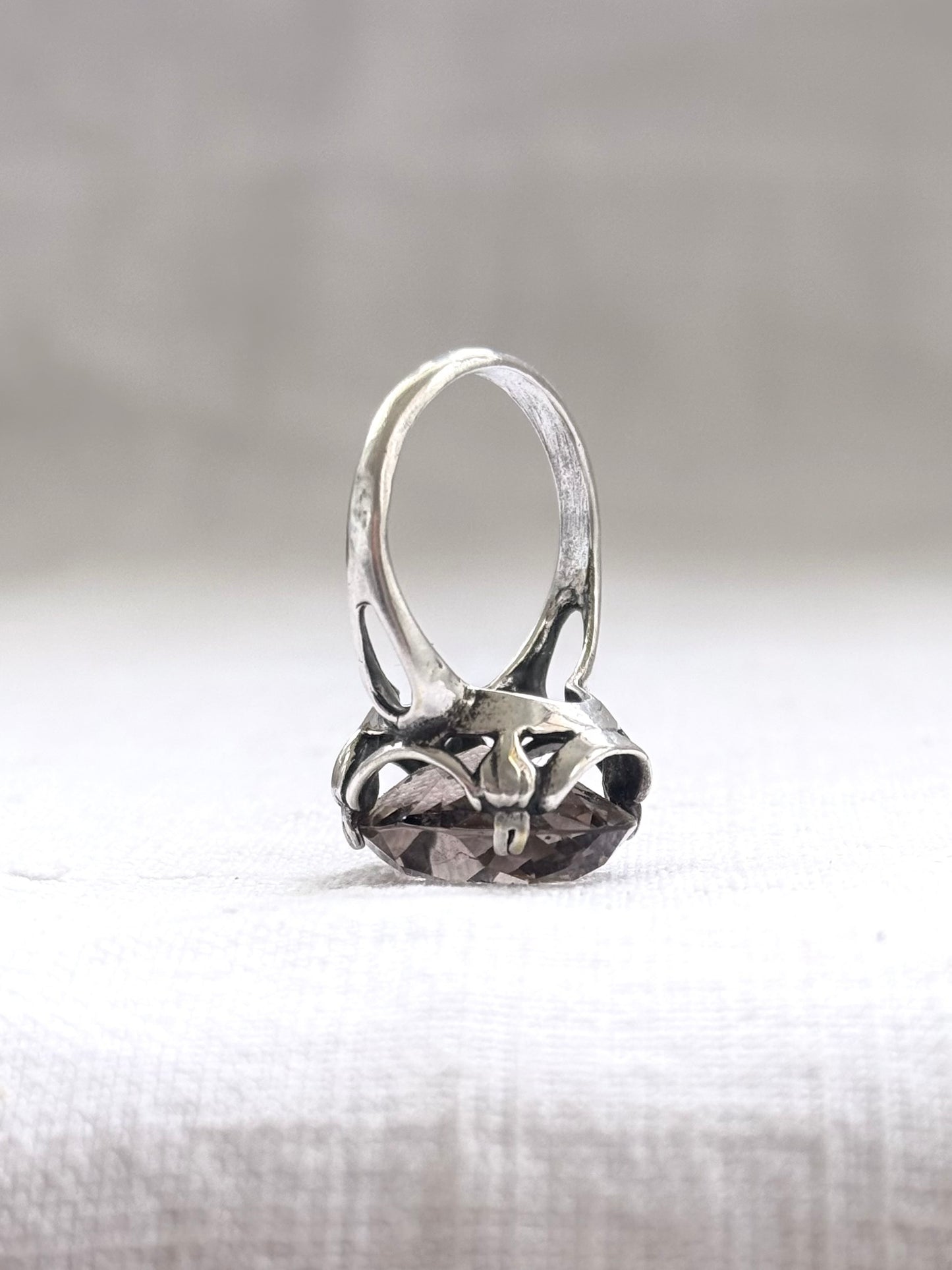 .1960s .925 magnificent large Smoky Quartz gemstone Mid Century Modern grey brown moody faceted gemstone retro Modernist sterling silver cocktail ring