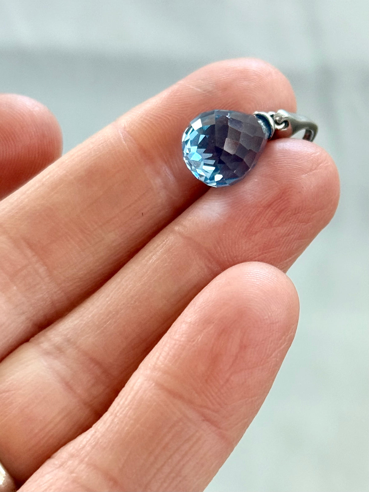 .925 Italian Giorgio Martello of Milano Italy blue teardrop crystal charm faceted briolette aqua blue clip on dangle