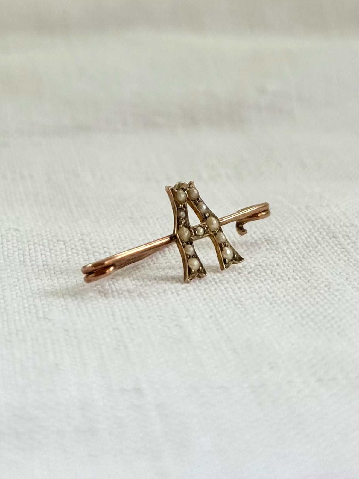 1890s .1900s .375 gold A monogram antique .9ct gold .11 pearl A capital letter sweetheart love toekn brooch