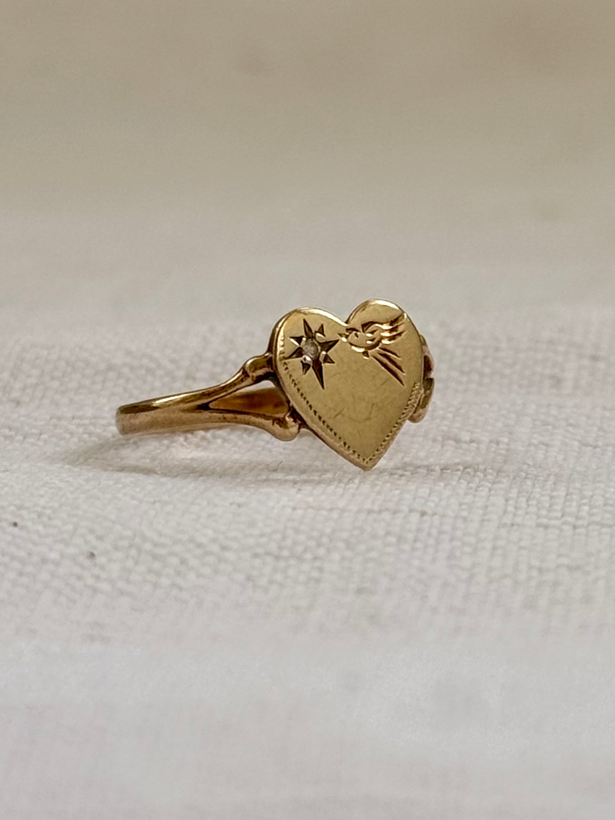 .375 .9ct gold heart token diamond starburst sweetheart love token swallow bird heart ring