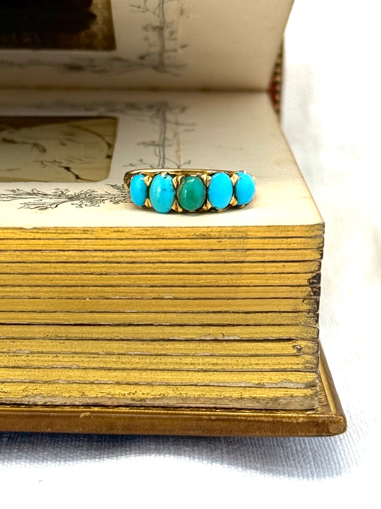 .18ct .1890s .5 turquoise Victorian blue gemstone half eternity high carat gold dress ring