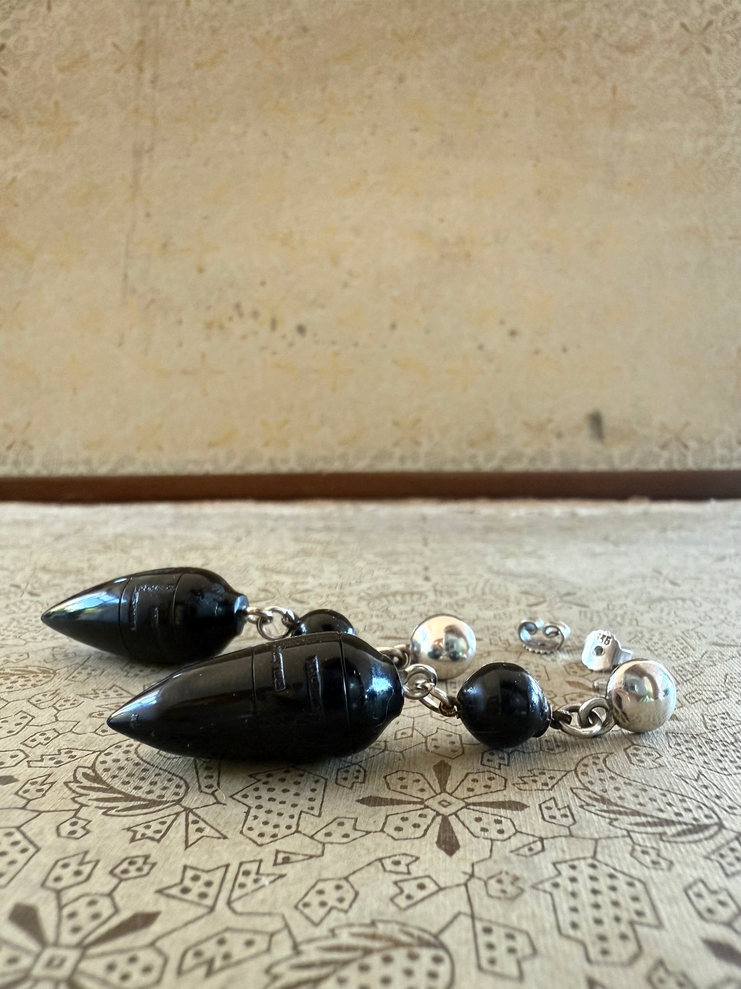 .1860s 835 silver Hellenistic revival Victorian Whitby Jet torpedo drop earrings