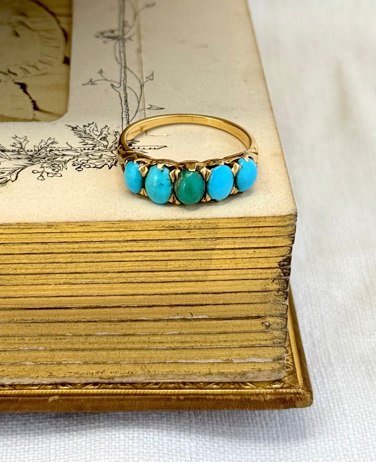 .18ct .1890s .5 turquoise Victorian blue gemstone half eternity high carat gold dress ring