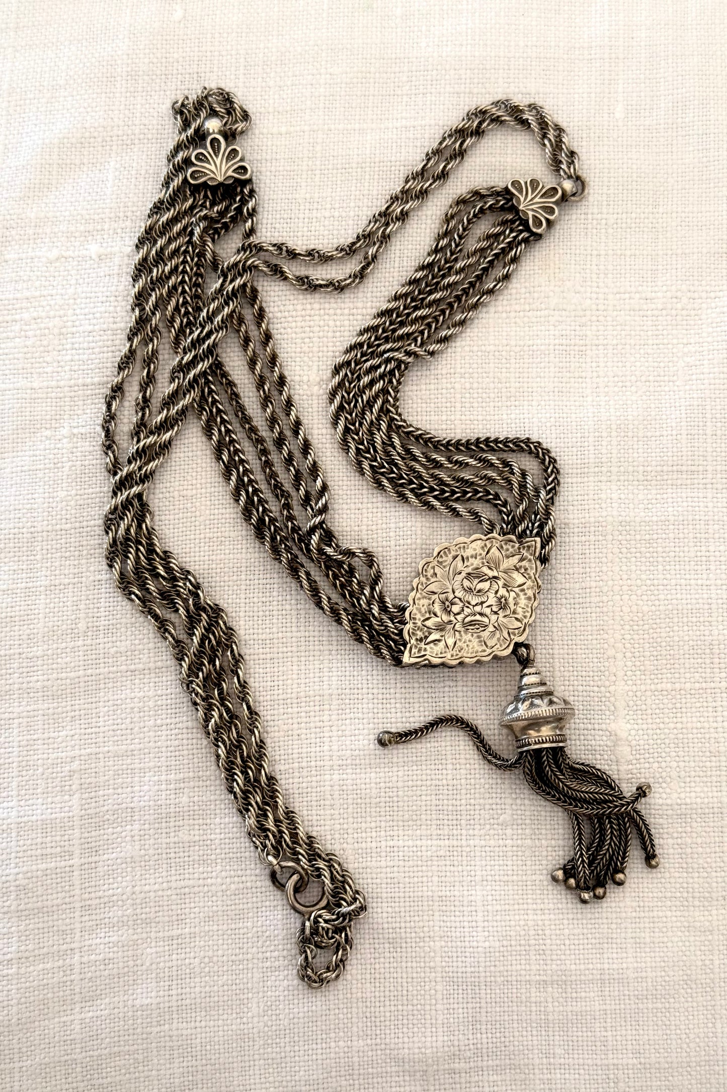 .1860s .1890s .925 antique Belle Epoque rare and fancy enamel slider Albertina multi chain necklace