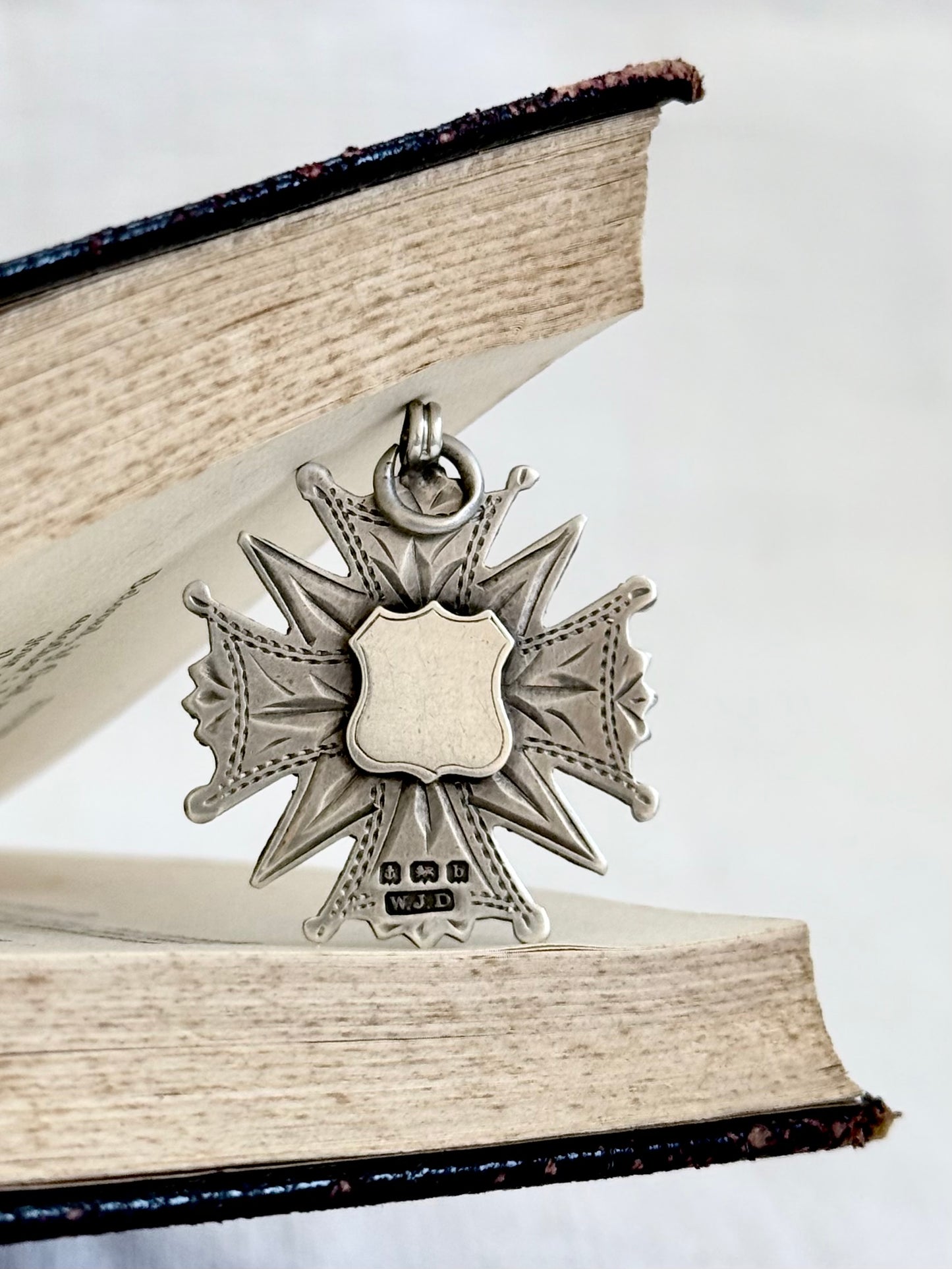 .1901 .925 antique Maltese Cross form Birmingham hallmarked English solid silver hand engraved fob medallion pendant
