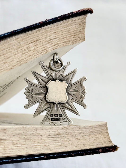.1901 .925 antique Maltese Cross form Birmingham hallmarked English solid silver hand engraved fob medallion pendant