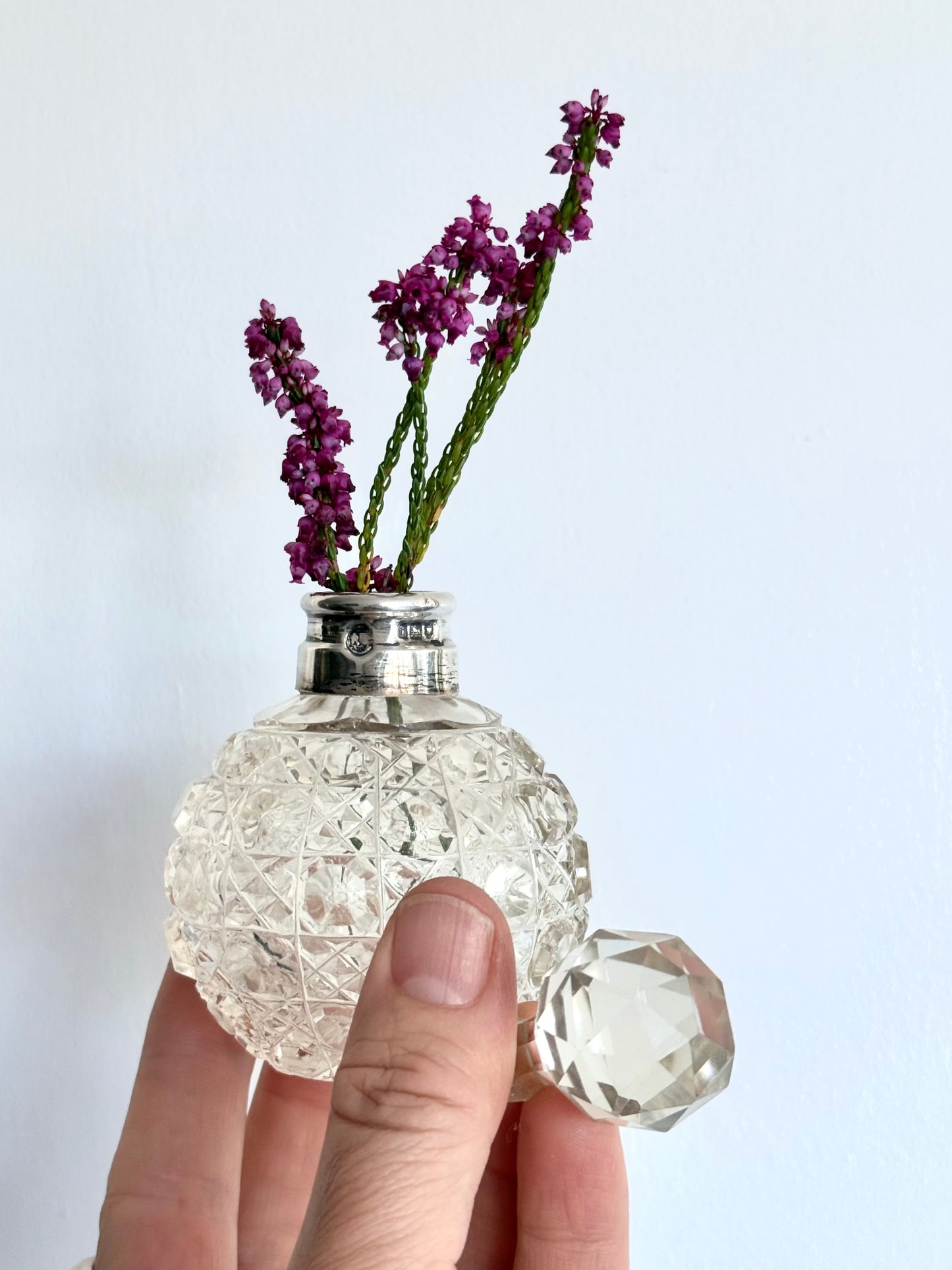 .1904 .925 antique Edwardian cut glass round bulb shaped silver collar accent Perfume scent bottle vessel