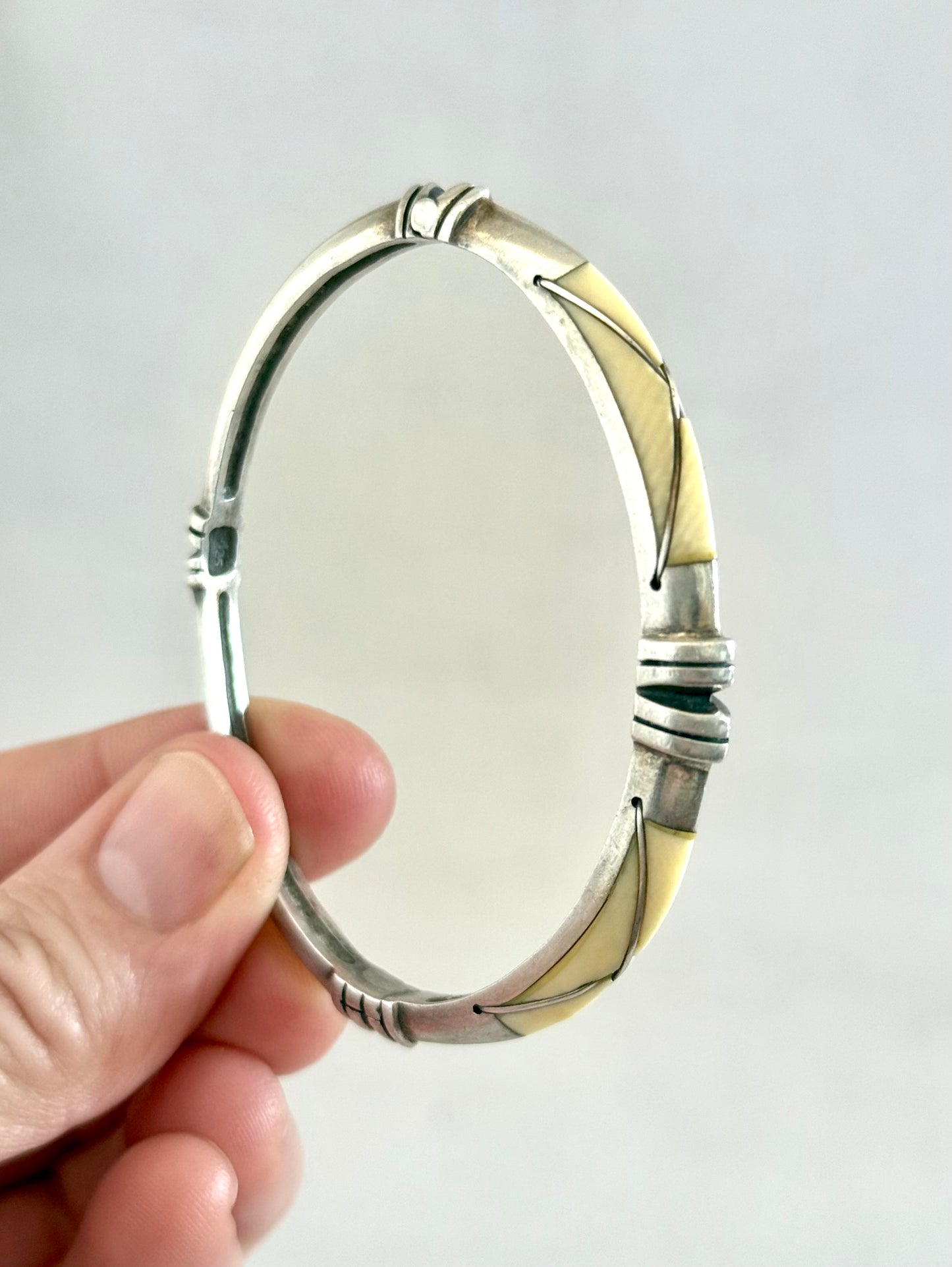 .1940s .1950s .925 modernist silver and ivory inlay tribal style MCM designer clasp bangle