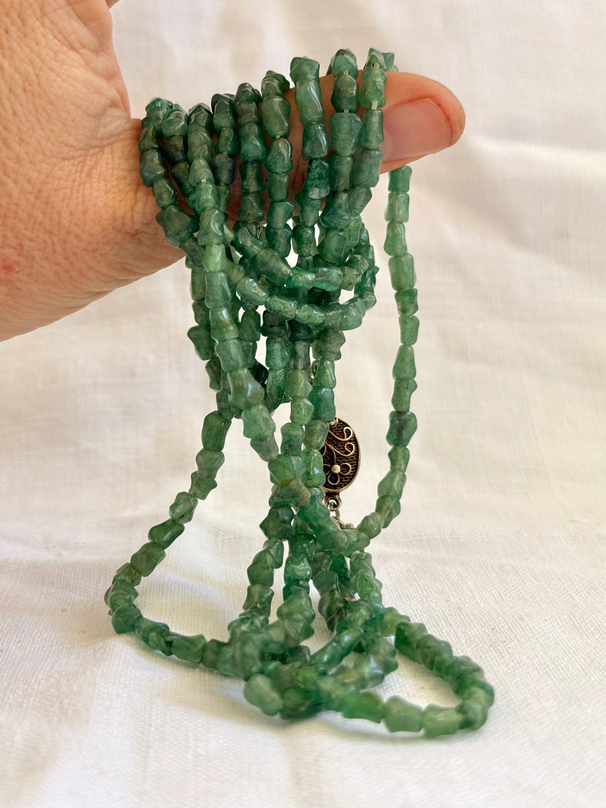 .1920s .1930s .1940s Chinese Aventurine “old Jade” Multi strand hand carved silver bamboo link export silver box clasp collectors necklace