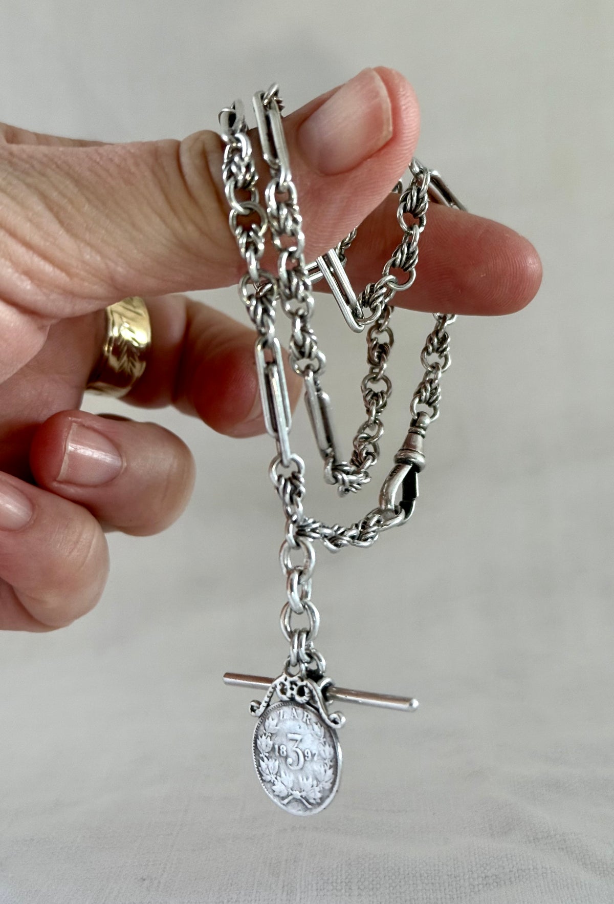 .1888 .1897 .925 antique solid silver fancy Albert fob chain Lovers Knot Trumpet link Paper clip link hallmarked sterling silver Victorian era double love knot watch chain necklace