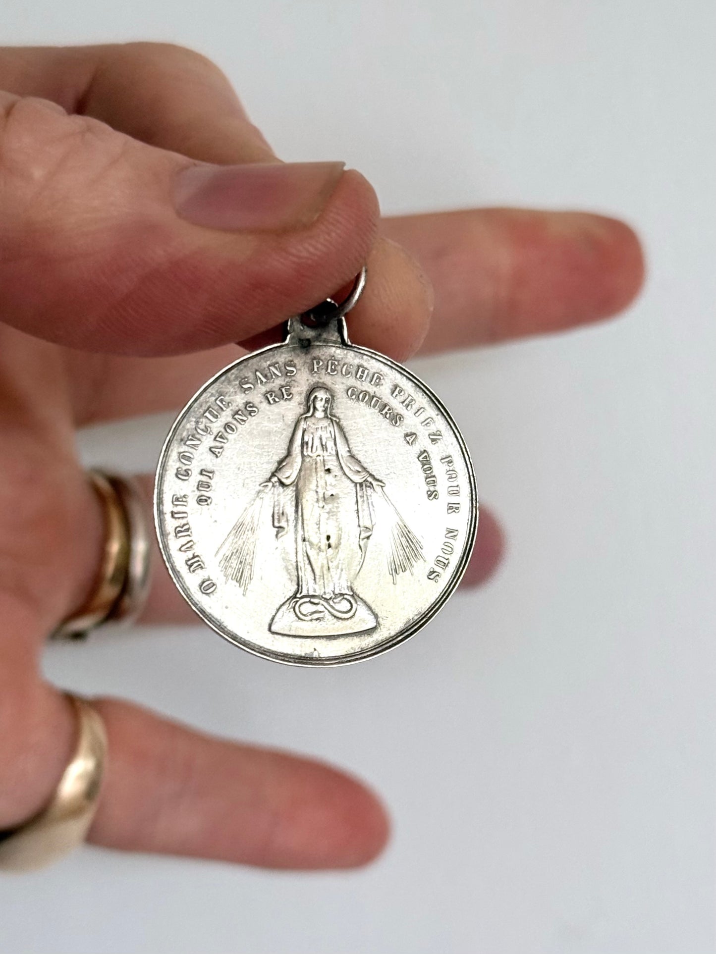 .1800s .1900s French Religious Holy Virgin Mother Mary Roman Catholic solid silver medallion pendant