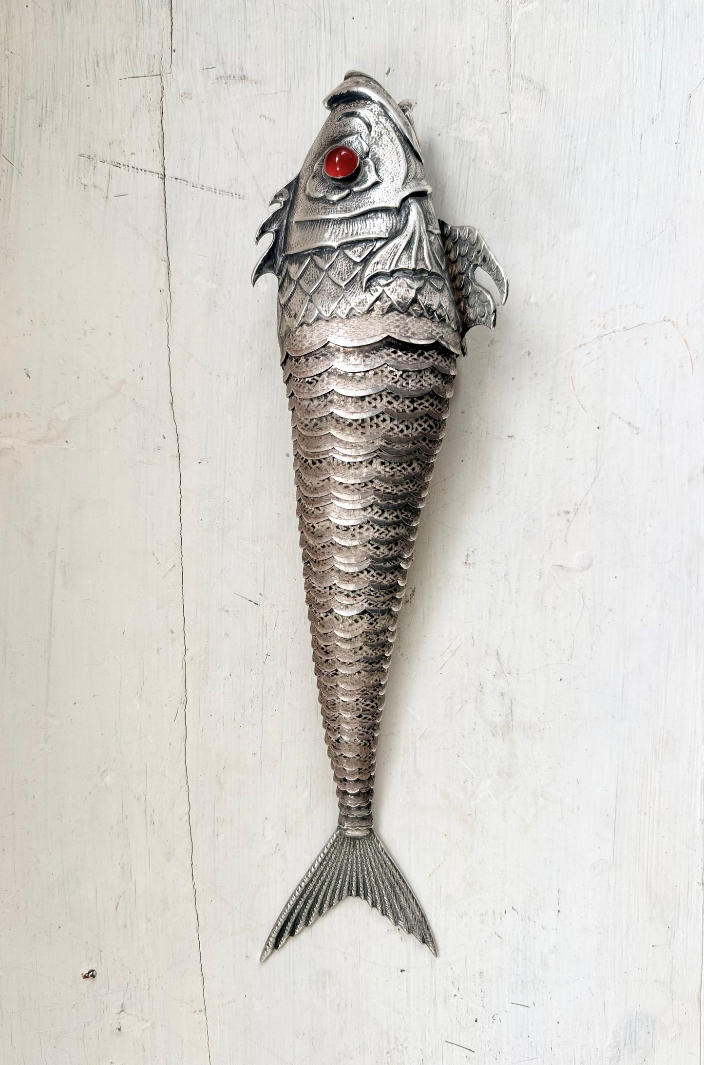 .1940s .915 articulated life sized hand made solid Spanish silver Large and magnificent artisan made Carb Fish rare treasured silver figural art statue