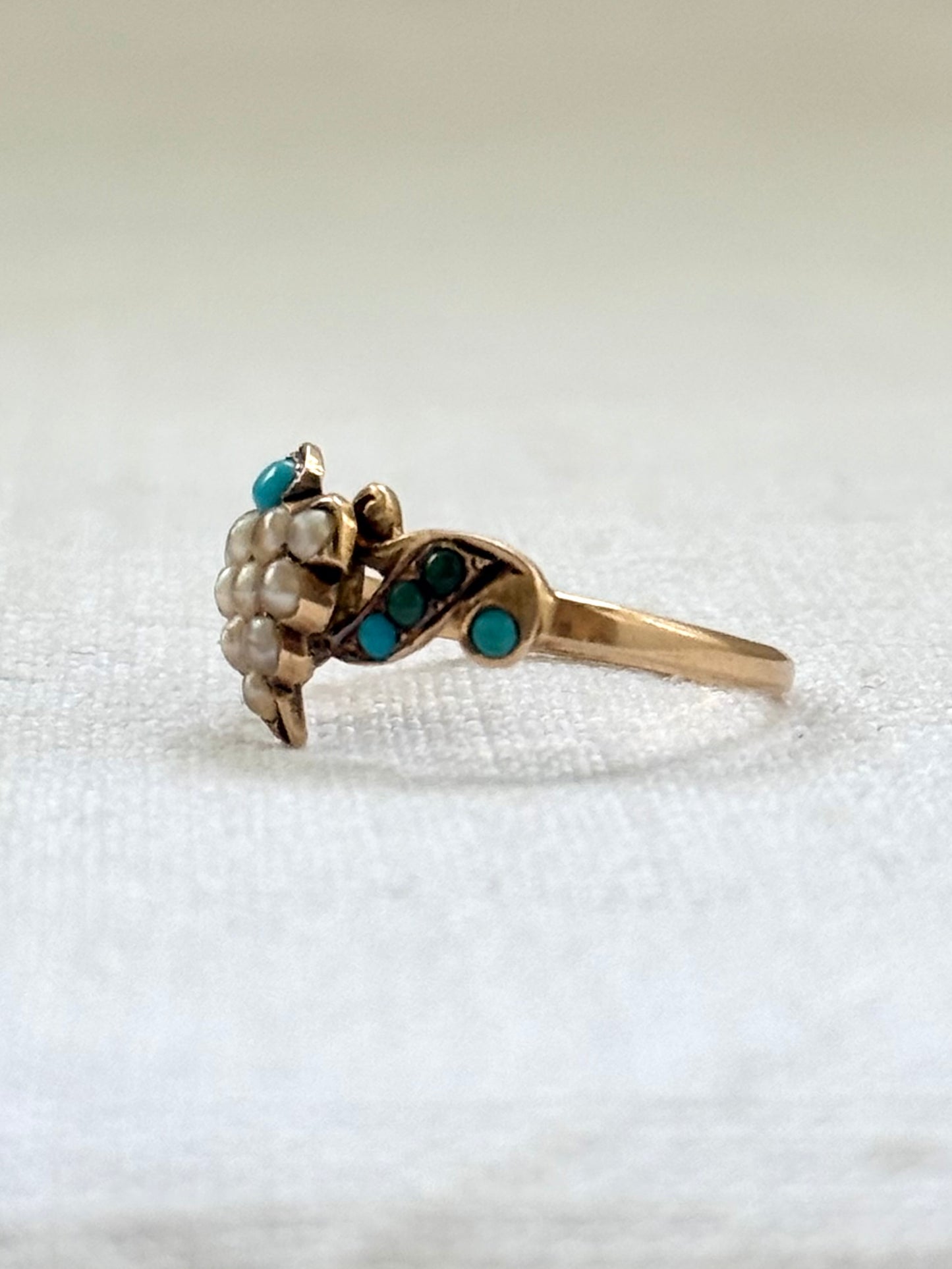 .1890s .1900s .375 .9ct antique buttery gold turquoise seed pearl grecian grape leaf Victorian gold sweetheart symbolic memory treasure ring