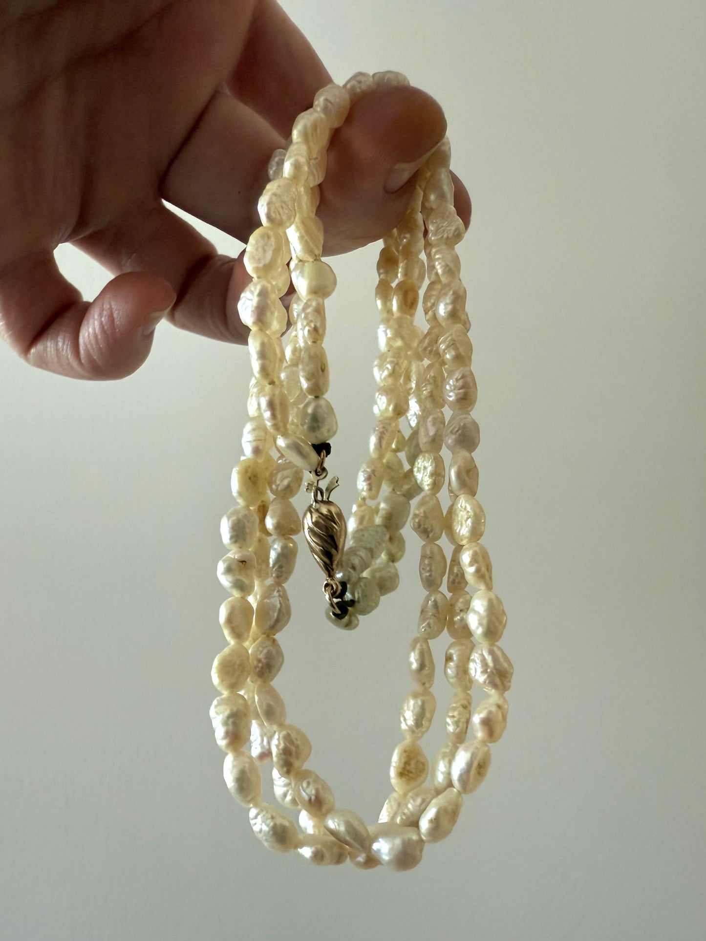 .375 3 strand freshwater rice pearl multi strand vintage 1930s style pearl necklace with precious 9k gold slider clasp